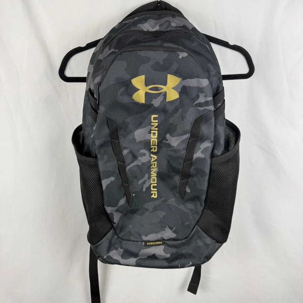Under Armour Hustle 5.0 Storm Black Gray Camo Laptop Backpack Gold Logo School